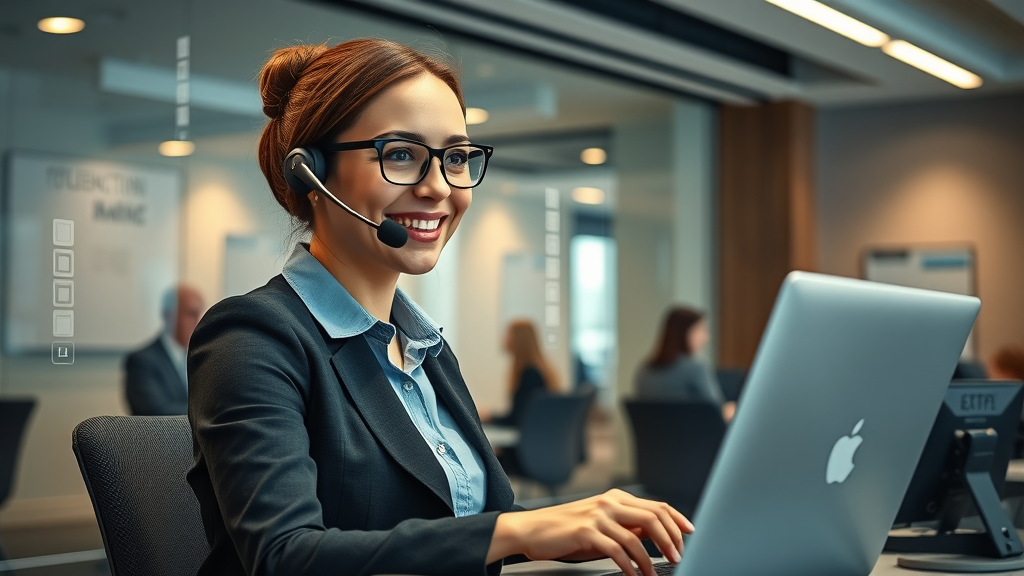 Friendly virtual receptionist in a London office managing customer calls across devices, exemplifying the advanced support of a london outsourced call center.