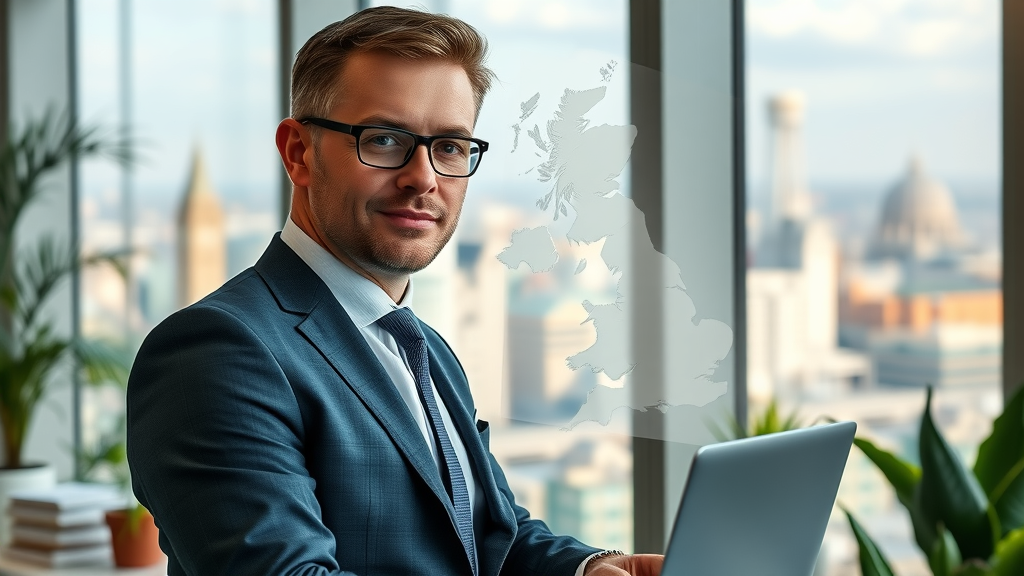 professional British business owner in front of a laptop and digital UK map overlay in modern office, online business directory uk