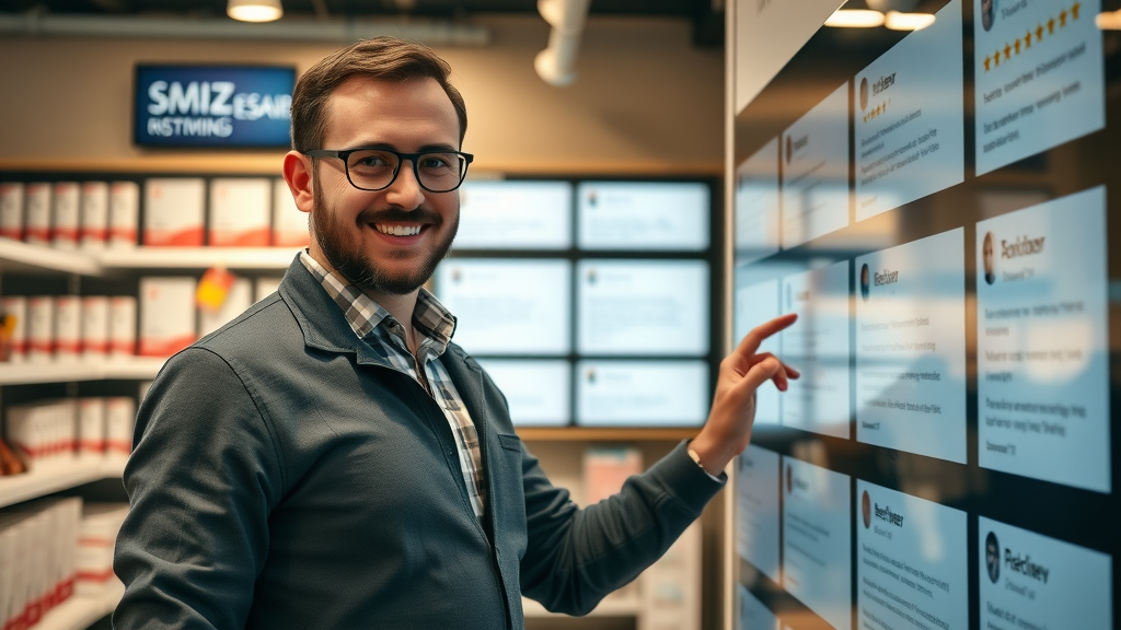 uk business manager displaying digital customer reviews on business directory