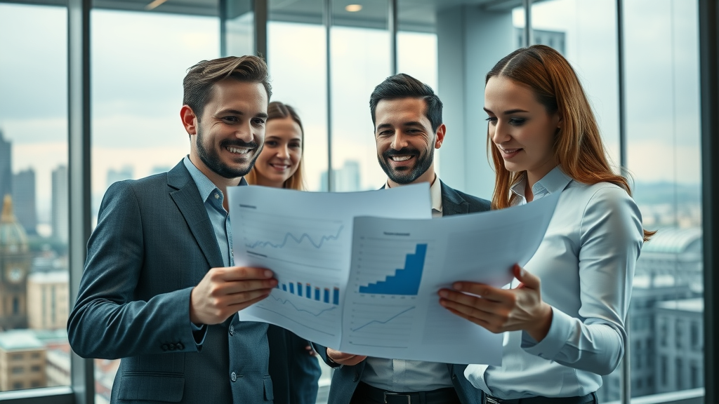 inspiring business team of UK entrepreneurs analyzing growth charts and exploring the uk sme directory in a modern office