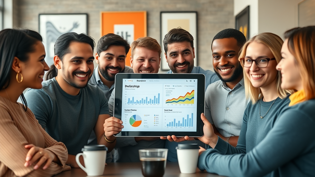 Diverse group of UK small business owners reviewing online business directory analytics in coworking space, online business directory uk