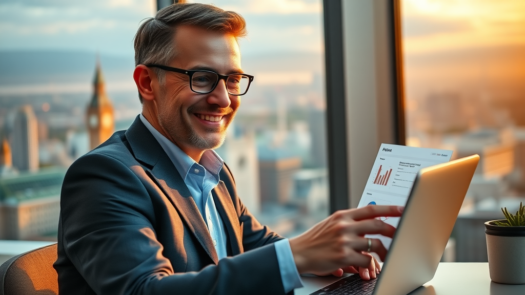 Motivated UK business leader reviewing customer engagement stats after implementing outsource receptionist call answering