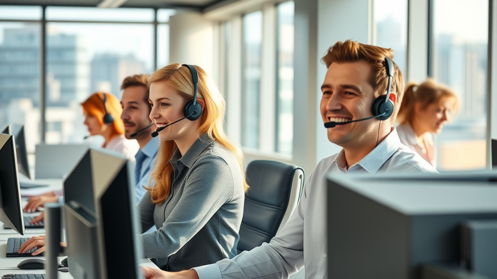 Professional london outsourced call center team working in a modern office with city views, demonstrating attentive customer support and efficient call handling.