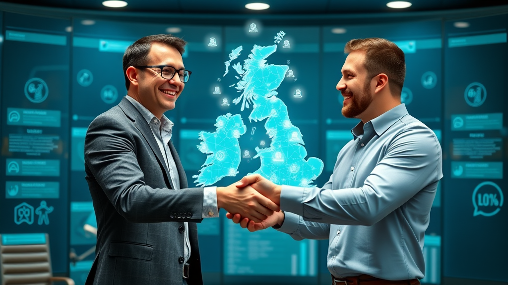 forward-thinking entrepreneurs shaking hands in front of a digital business directory interface representing the uk sme directory