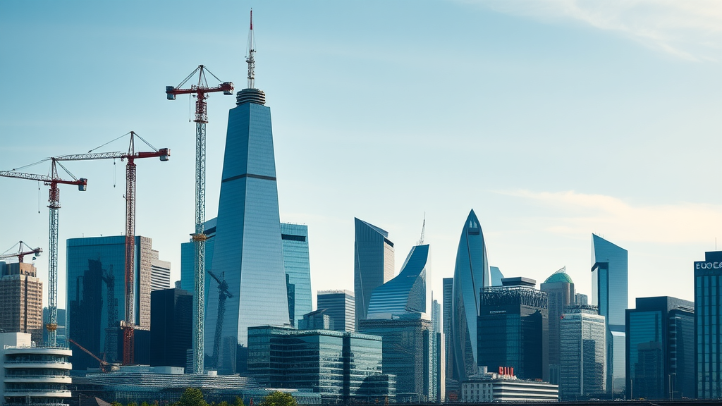 sleek modern London skyline, commercial construction projects Greater London, towering cranes and skyscrapers, photorealistic cityscape, highly detailed, reflective glass, clear blue and steel gray tones, bustling urban construction