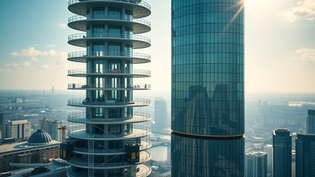 imposing Canary Wharf office tower commercial build, sleek modern design, bustling workers, equipment, photorealistic, sunlight, cityscape, highly detailed