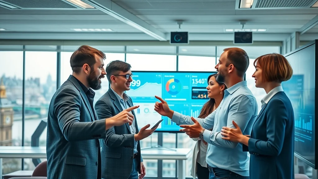 Collaborative London team analyzing social media and digital marketing integrations, dashboards, and content flows for marketplace success