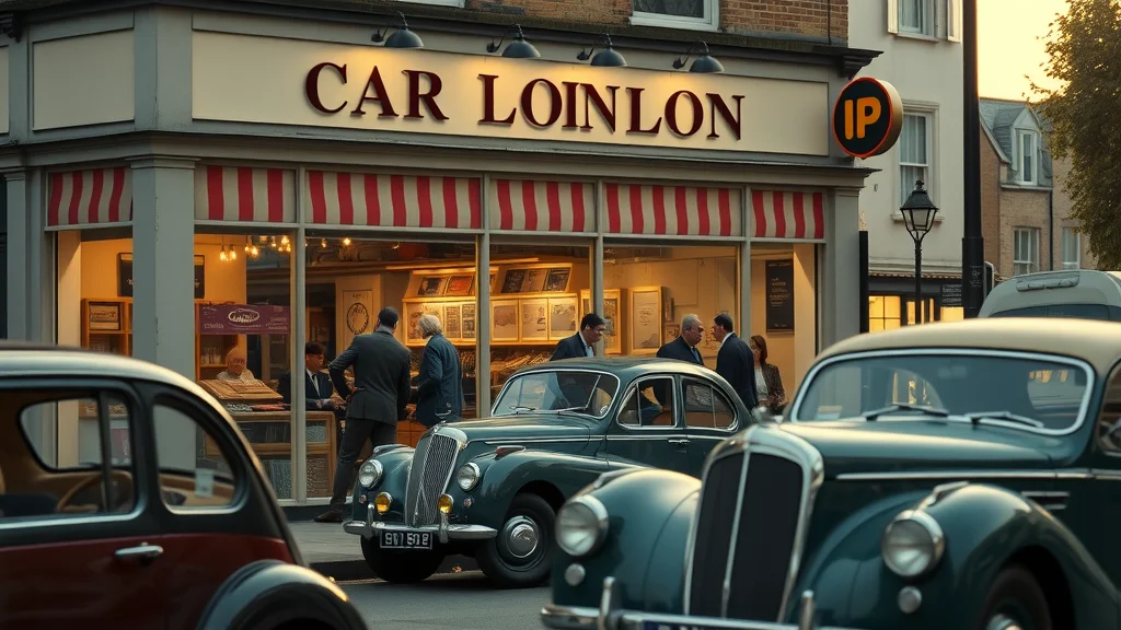 Historic London car dealership exterior with classic period cars and friendly staff, representing the legacy of london car dealerships