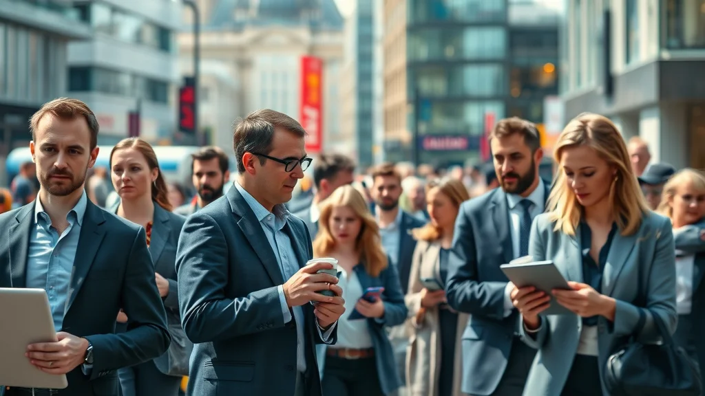 Vibrant London cityscape with diverse business professionals networking and using digital devices, highlighting social media marketing for London businesses