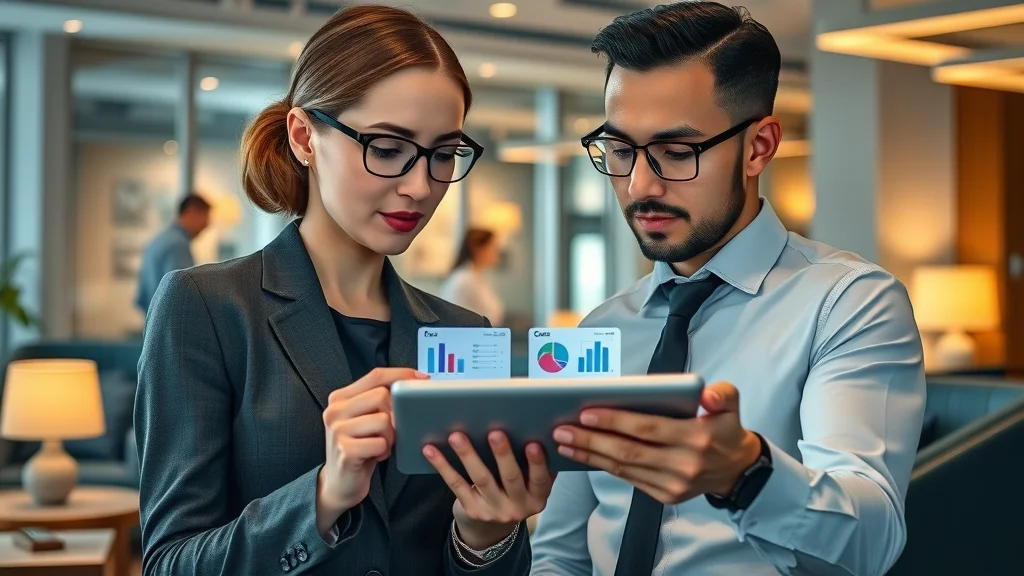 Professional comparison scenario: business leaders analyze pros and cons of full-time vs. fractional chief marketing officer service with digital comparison chart.