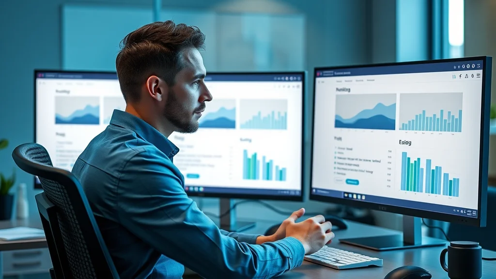 modern split testing interface for landing page lead gen; analytical marketer studies color-coded results on dual monitors