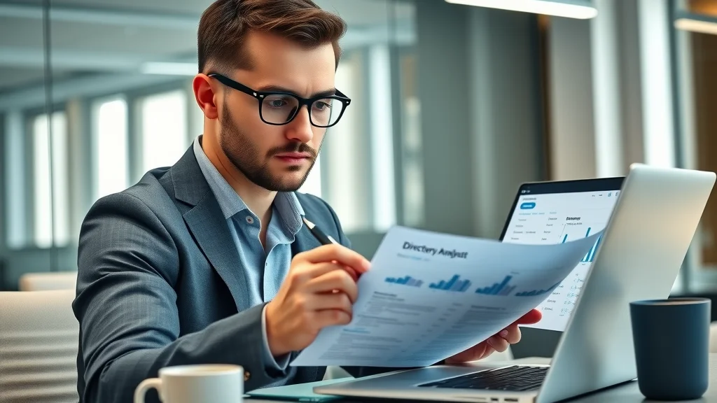 Professional business analyst reviewing checklist and directory analytics for business directory listings