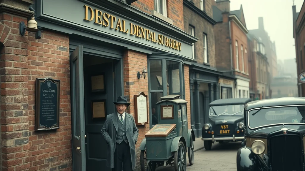 Historic London dental clinic exterior, vintage patient entering classic early 20th-century London dental surgery on a red brick street with period cars and morning fog.