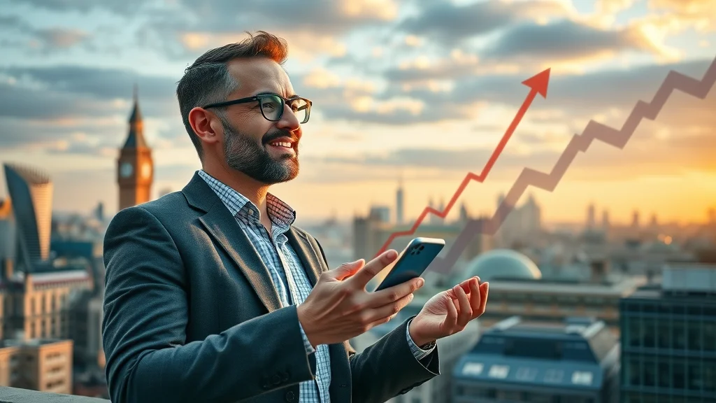 Dynamic cityscape with entrepreneur analyzing SEO analytics for local business through a business directory listing in Greater London