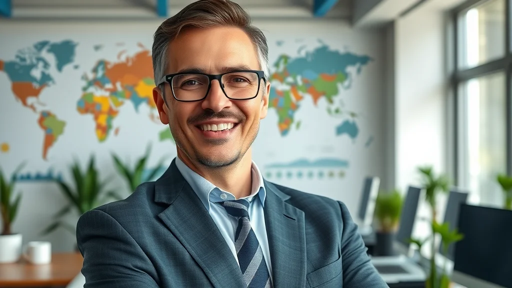 Confident business leader Stephen C Campbell, expert fractional chief marketing officer, set in a high-tech office, representing global strategic marketing and digital expertise.