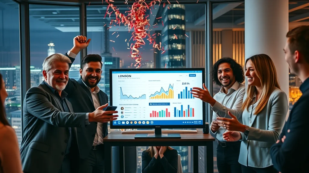 Excited London business team celebrating real-time campaign success with social media analytics spikes in trendy office