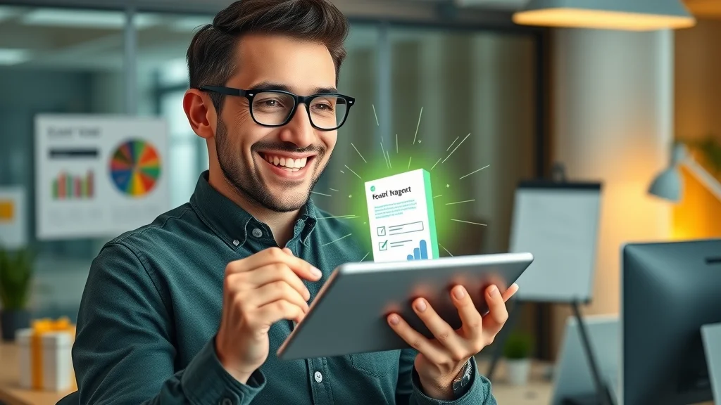 lead magnet offer for digital marketing lead generation; cheerful marketer holding a tablet with an ebook icon