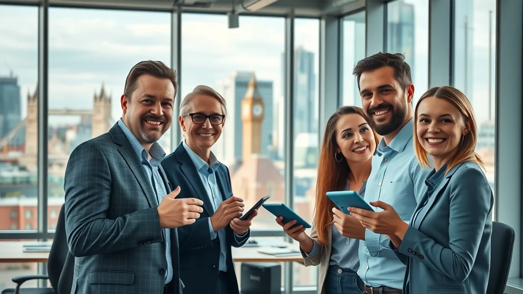 Vibrant London business district with business professionals using digital devices and networking, showcasing promote greater london companies through listing in a business directory