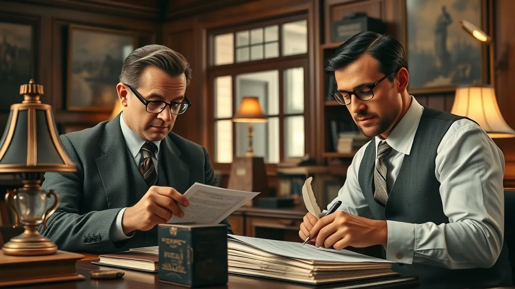 Historic insurance office with experienced London brokers, reviewing ledgers, embodying the legacy of london personal and commercial insurance brokers