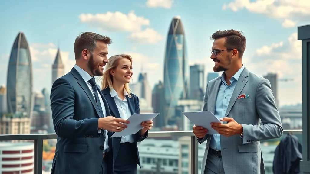Modern London skyline with confident business professionals, rooftop office terrace overlooking The Gherkin, representing london personal and commercial insurance brokers