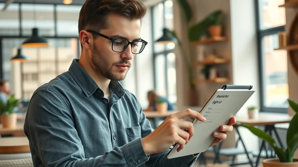 Young entrepreneur filling out business directory signup form for business listing on a tablet at a London coffee shop