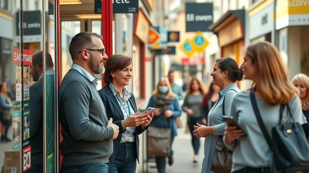 Vibrant local UK business scene, diverse owners interacting with customers at shopfronts, boosting small business profile through business directories