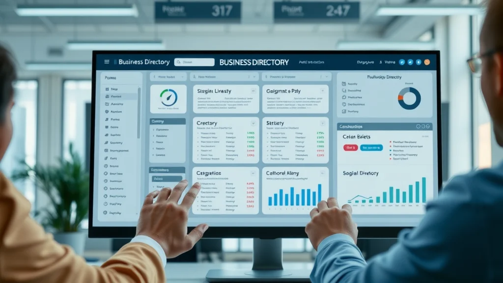 Infographic of business directory listing interface showing promote businesses through listing in a business directory, category navigation, modern dashboard