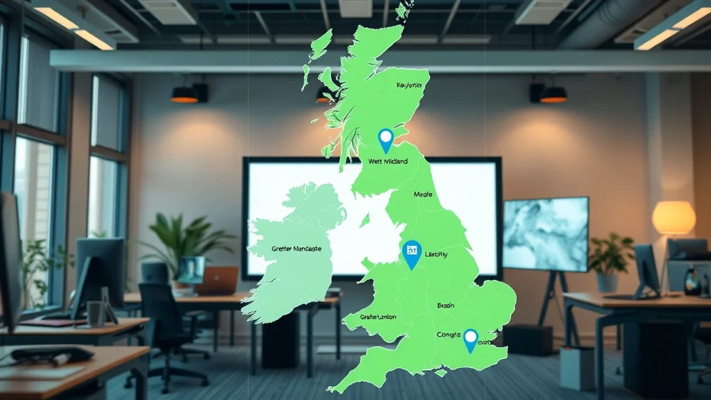 Map of key UK counties showing business directory reach in Greater Manchester, West Midlands, Greater London, promote businesses through listing in a business directory