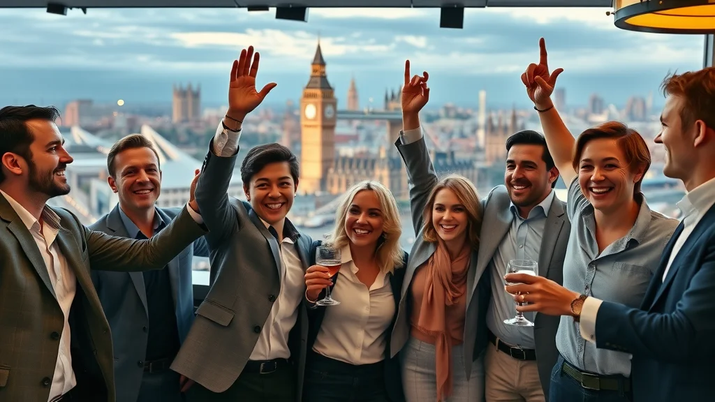 Diverse group of London business owners celebrating business success with raised hands, representing promote greater london companies through listing in a business directory