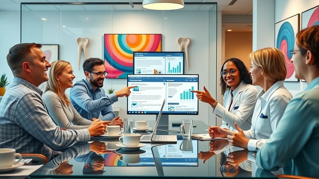Dental clinic marketing team brainstorming digital strategies, exchanging ideas while pointing at screens displaying social media stats in a trendy glass-walled London office.