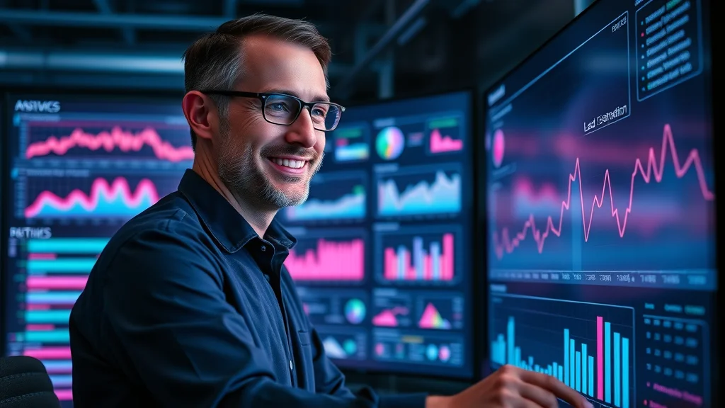 digital marketing analytics for lead generation; analyst reviews metrics on a large screen, glowing dashboards in data center