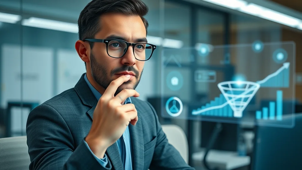 digital marketing lead generation funnel visualization; professional considers digital icons in modern workspace