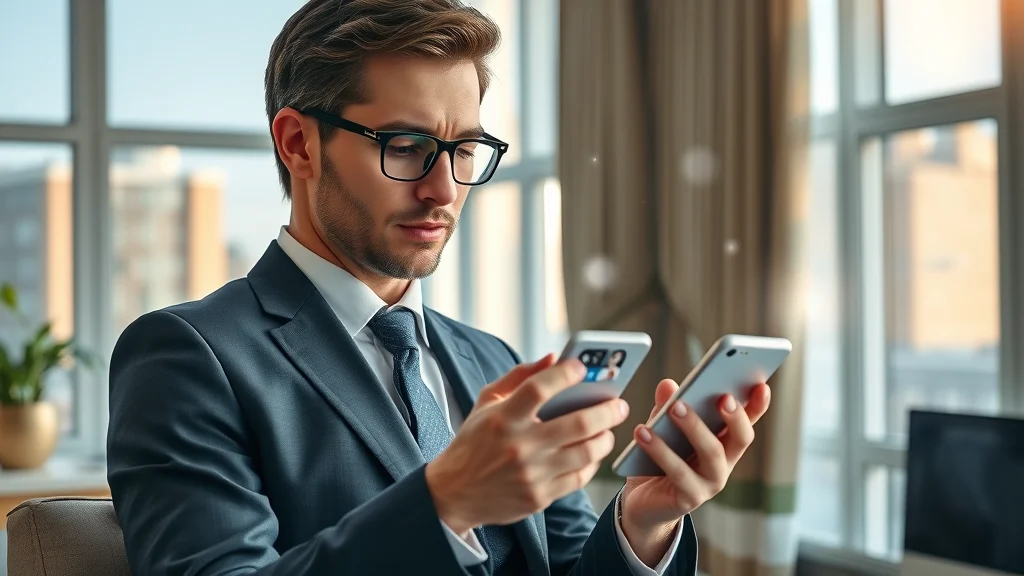 Business professional reviewing mobile phone with social media and marketing icons for promote greater london companies through listing in a business directory
