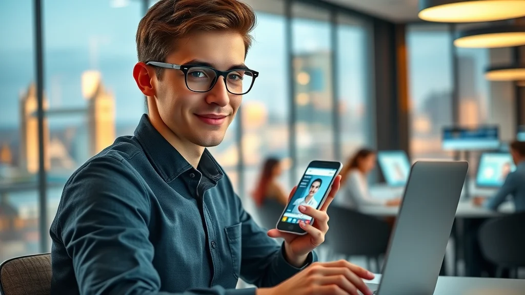 Young social media manager launching dental marketing campaign, using laptop and smartphone with dental clinic content in modern co-working space overlooking London cityscape.