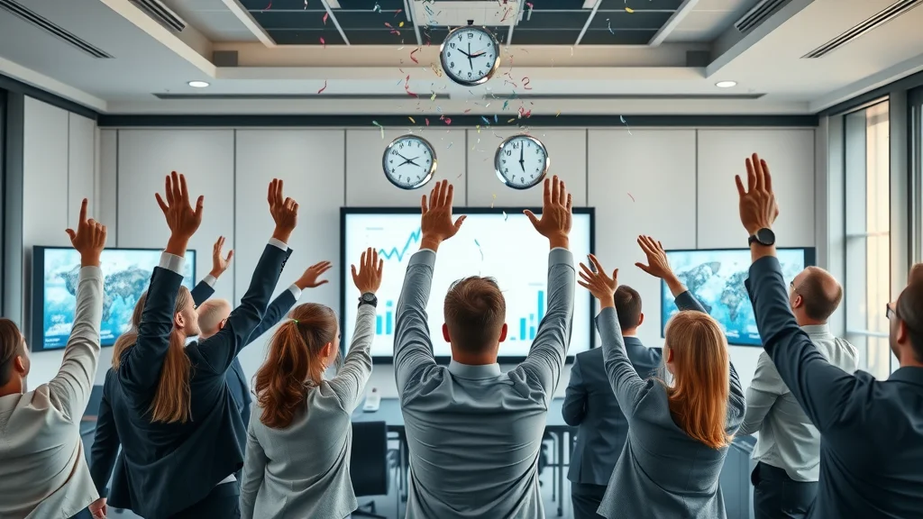 Successful global product launch: executive fractional cmo team celebrates with international visuals and digital growth charts, symbolizing worldwide marketing leadership.
