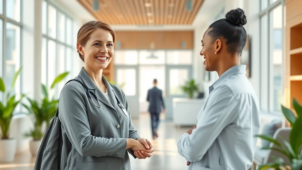 Welcoming dental clinic reception in London, friendly receptionist greeting diverse patient in a modern clinic lobby with soft seating, lush indoor plants, and calming whites and pastel blues.