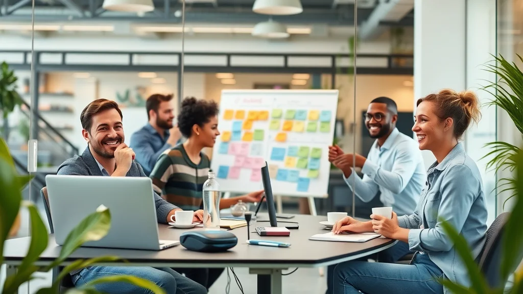 Relieved marketing team, diverse professionals collaborating efficiently on digital strategy with fractional chief marketing officer guidance in a modern agency workspace.