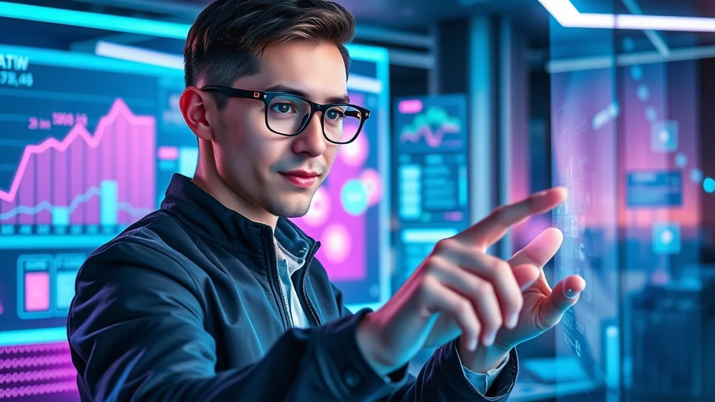 Cutting-edge AI marketing led by a fractional chief marketing officer: young marketer interacts with digital AI analytics, futuristic office with high-tech digital marketing interfaces.