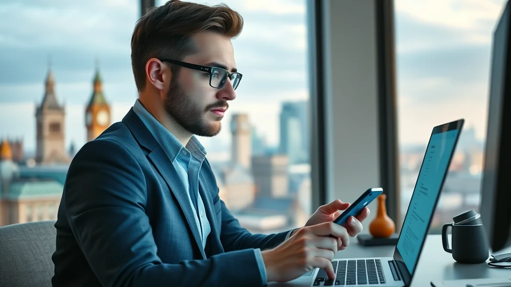 UK business owner reviewing business directory listing options, promote businesses through listing in a business directory, modern London office setup