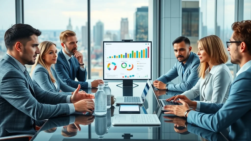 Professional business team meeting with strategic marketing plans and digital growth metrics. Executives and marketing leaders discuss growth at a modern office conference table, illustrating the benefits of hiring a fractional chief marketing officer. City skyline visible, gesture-rich interaction.