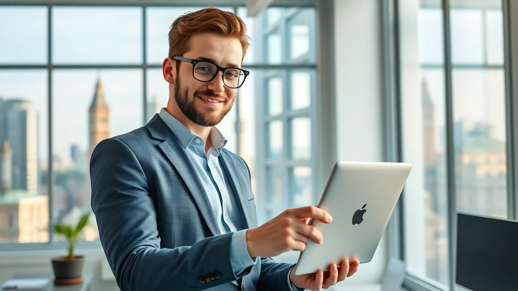 Modern UK business owner updating business profile on laptop in a bright office, British cityscape visible through windows, promoting businesses through listing in a business directory