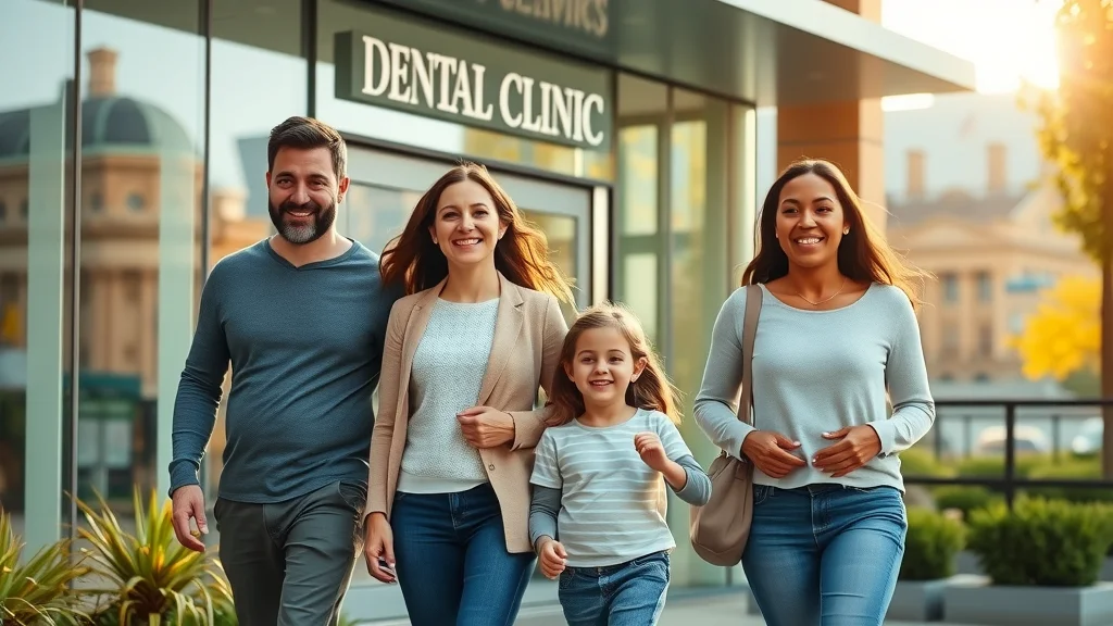 Diverse, happy family leaving central London dental clinic, expressing relief and satisfaction outside a glass-fronted clinic, London landmarks in distance, and green landscaping.