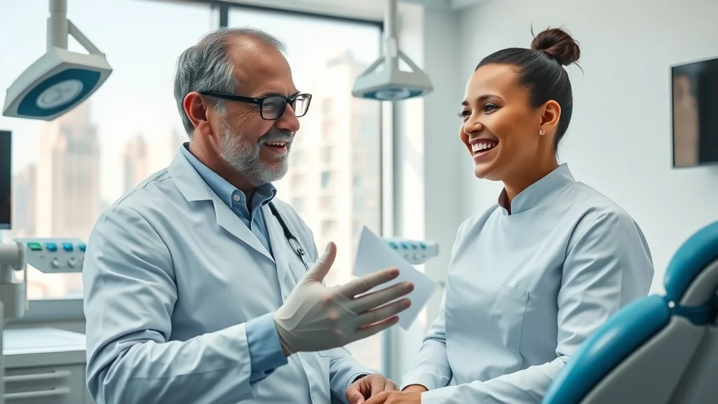 State-of-the-art dental surgery room in London: experienced dentist explaining dental procedure to smiling patient, modern digital equipment, city view window, and pristine white decor.