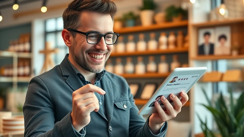 Small business owner in London reviewing positive customer reviews and business listing for online presence