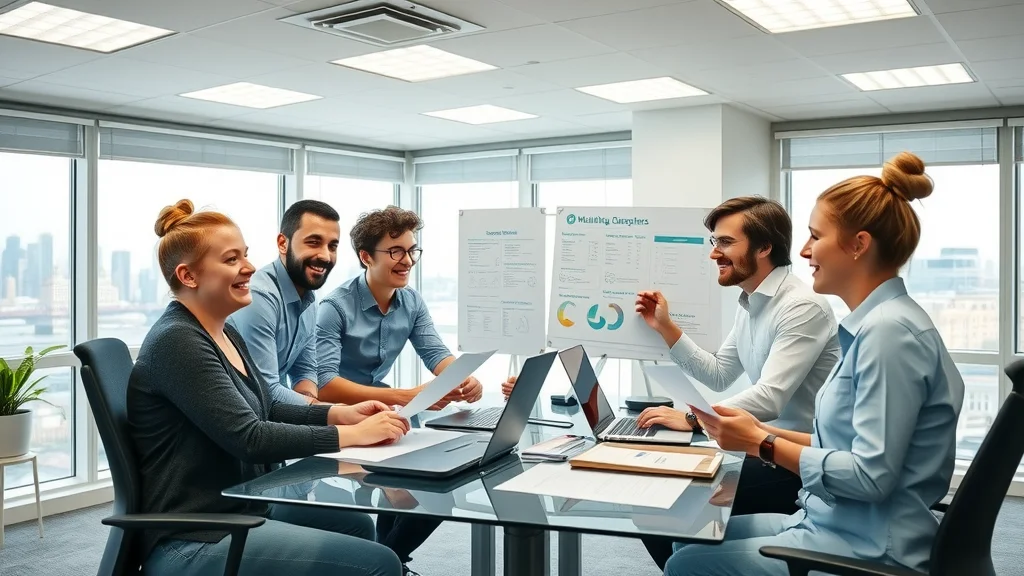 Marketing team strategising content, social media and video marketing campaigns for a London business directory in a modern office setting overlooking the Thames