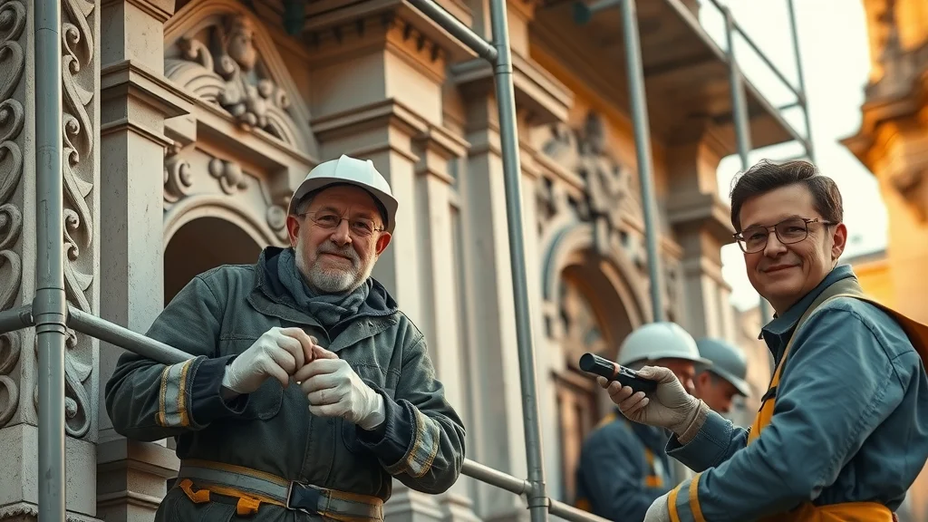 Craftspeople restoring ornate stonework on a London landmark, representing heritage leadership among construction companies in the UK