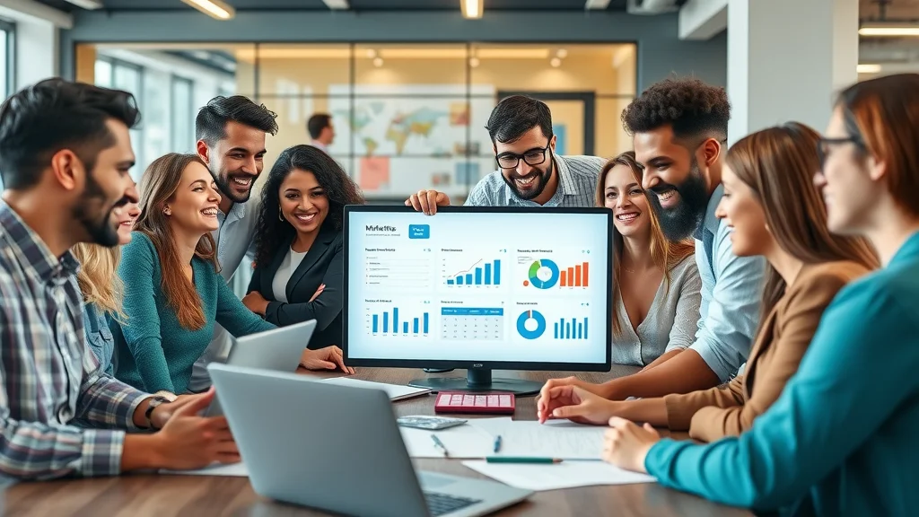 Dynamic diverse marketing team collaborating on social media content strategy in a modern office, engaged expressions, creative dashboard, with laptops and vibrant colors