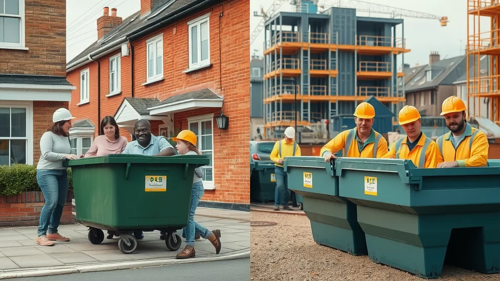 Residential skip hire scene with relaxed homeowners and tidy street contrasted with active construction site and large skips—clear difference in operation, photorealistic, split-scene London
