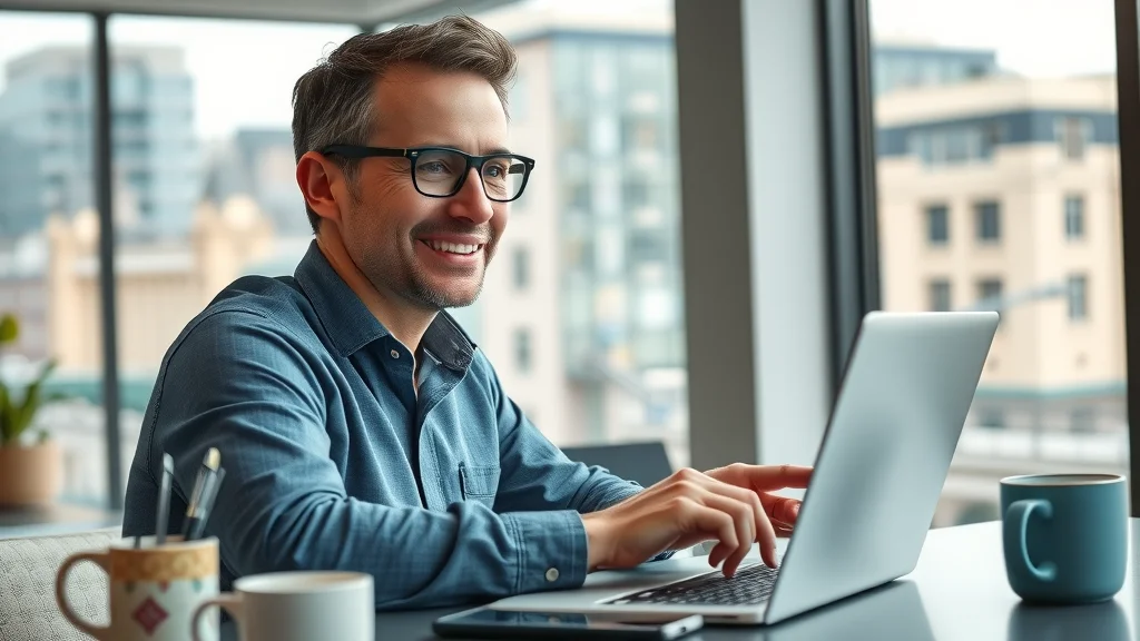 business owner optimistically updating online london directory of businesses, expanding digital marketing reach