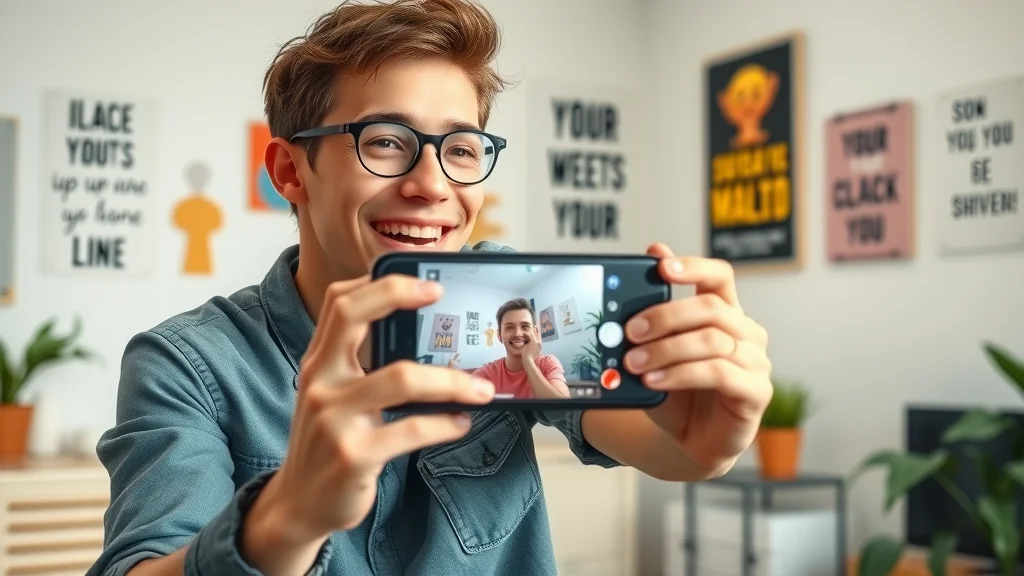 Energetic young creator recording a short marketing video with a smartphone in a bright home studio, animated and authentic, demonstrating marketing with videos, shorts and reels